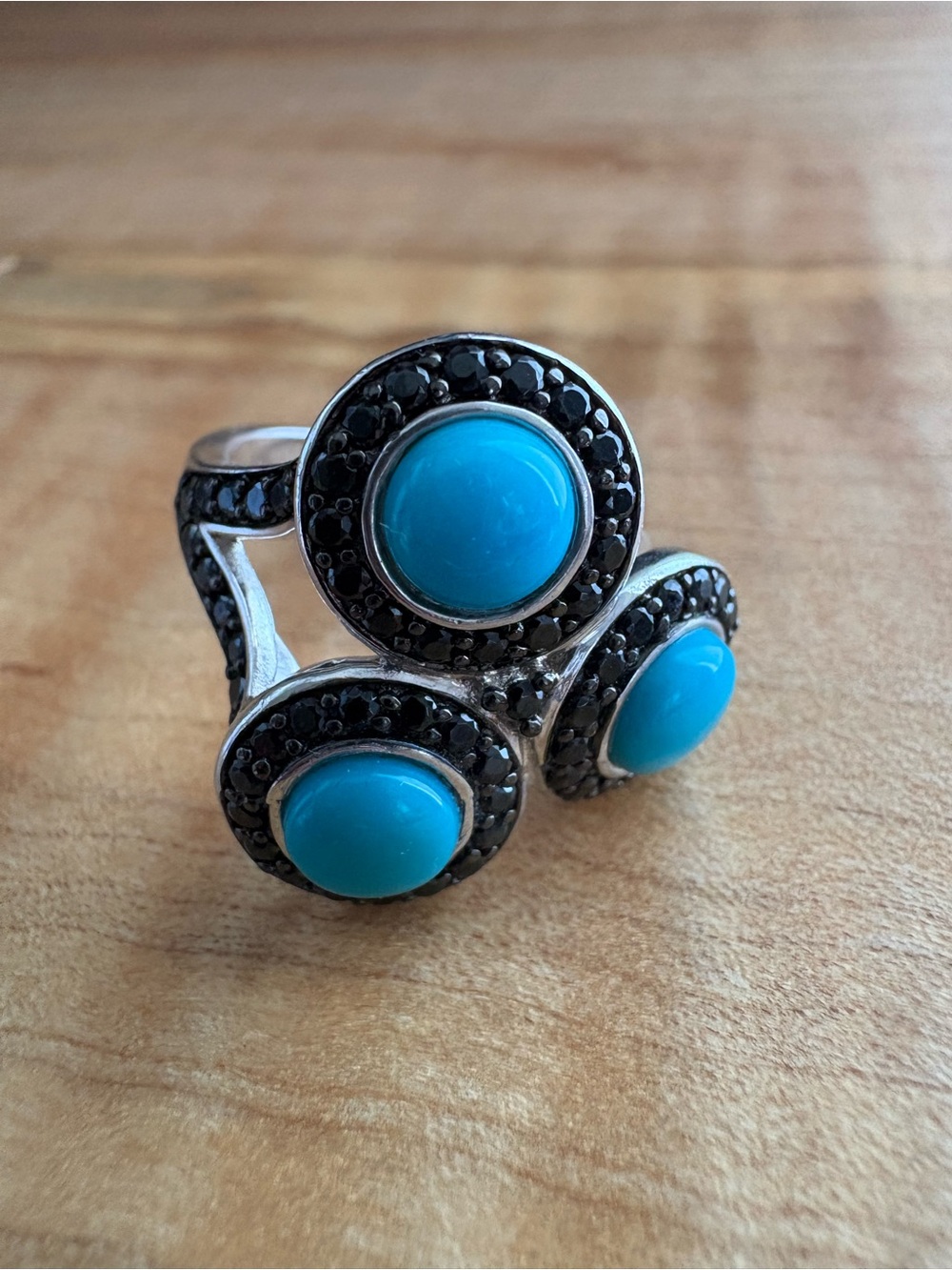 Triple Turquoise 925 Sterling Silver Statement Ring with Black CZ Accents size 8